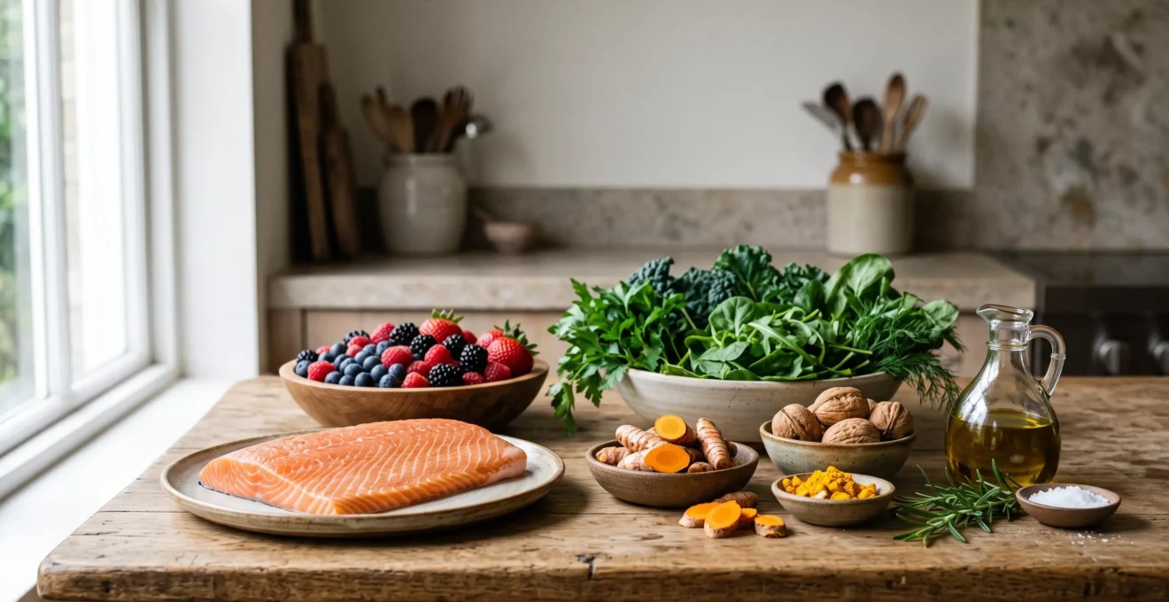 Une table dressée avec des aliments anti-inflammatoires colores comme le curcuma, le saumon, les baies et l'huile d'olive, symbolisant un equilibre alimentaire sans privation totale