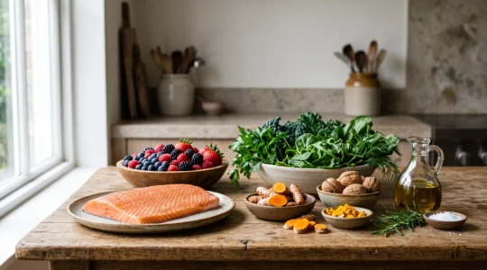 Une table dressée avec des aliments anti-inflammatoires colores comme le curcuma, le saumon, les baies et l'huile d'olive, symbolisant un equilibre alimentaire sans privation totale
