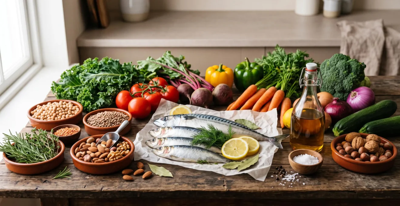 Table en bois dressée avec une abondance d'aliments frais, colorés et non transformés, symbolisant une alimentation préventive contre les maladies chroniques