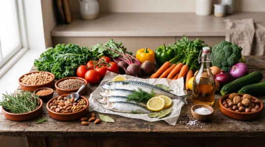 Table en bois dressée avec une abondance d'aliments frais, colorés et non transformés, symbolisant une alimentation préventive contre les maladies chroniques