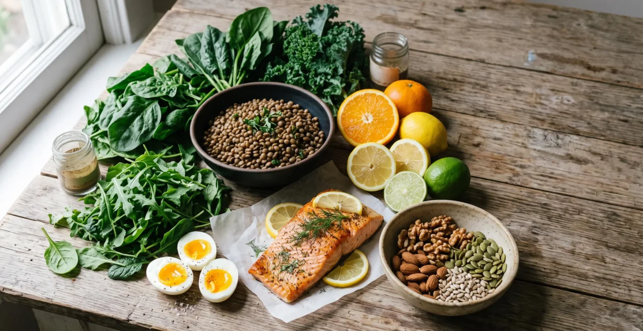 Assortiment d'aliments riches en nutriments comme les legumineuses, les poissons gras, les legumes verts et les fruits colores disposes sur une table en bois