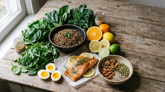 Assortiment d'aliments riches en nutriments comme les legumineuses, les poissons gras, les legumes verts et les fruits colores disposes sur une table en bois