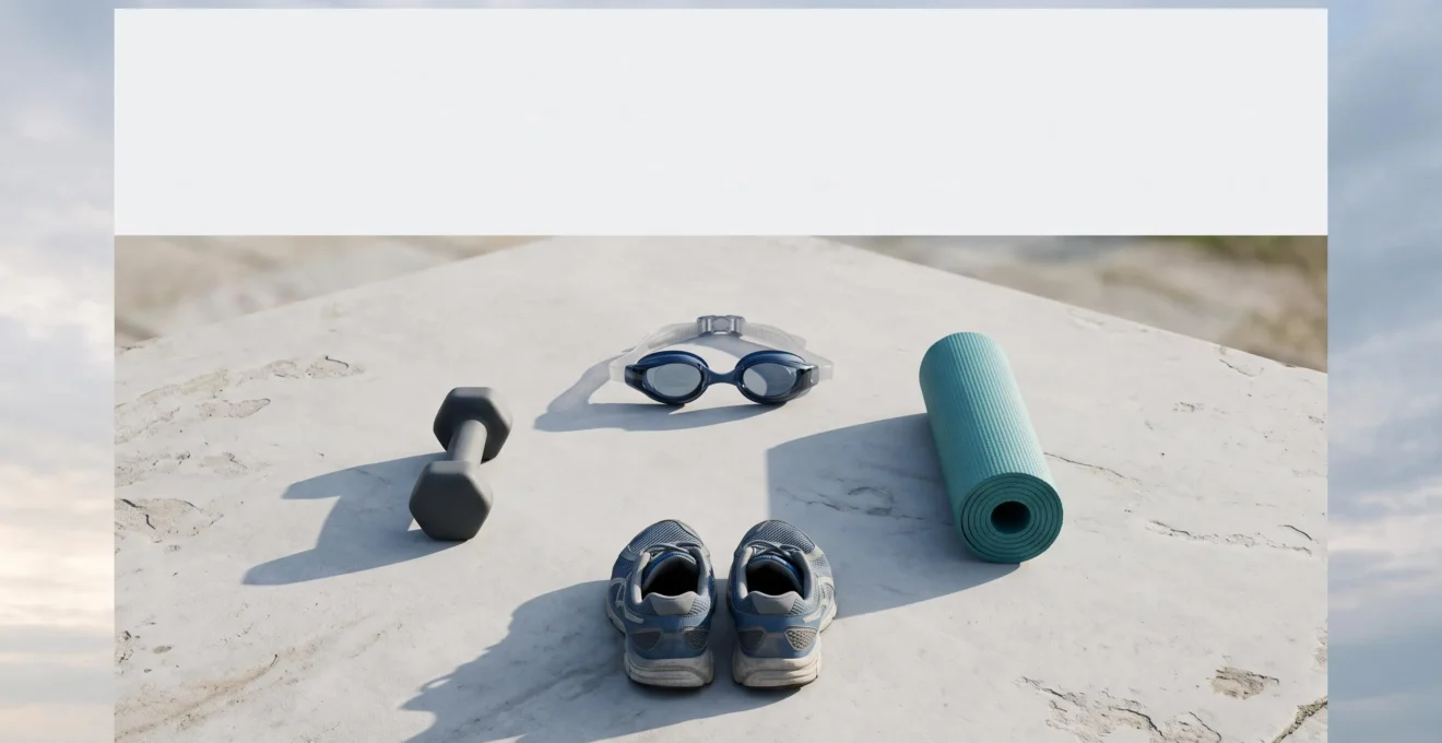 Quatre silhouettes de pratiques sportives différentes (natation, course, yoga, musculation) réparties dans un cercle symbolisant un cycle annuel de motivation