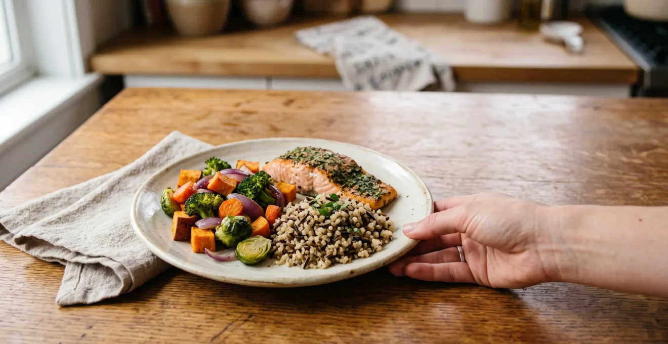Une assiette equilibree composee intuitivement de legumes, proteines et feculents, illustrant la gestion des portions sans balance