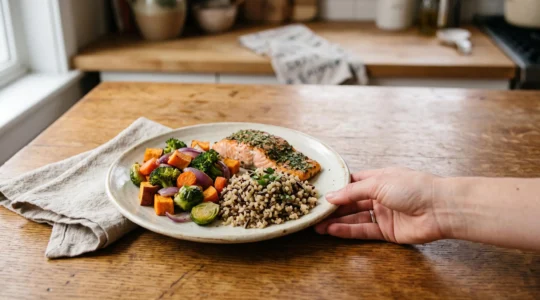 Une assiette equilibree composee intuitivement de legumes, proteines et feculents, illustrant la gestion des portions sans balance