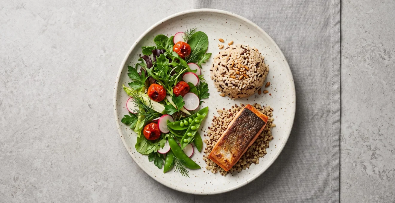 Assiette équilibrée vue de dessus avec légumes colorés, protéine et féculent complet, symbole d'un repas rassasiant jusqu'au soir