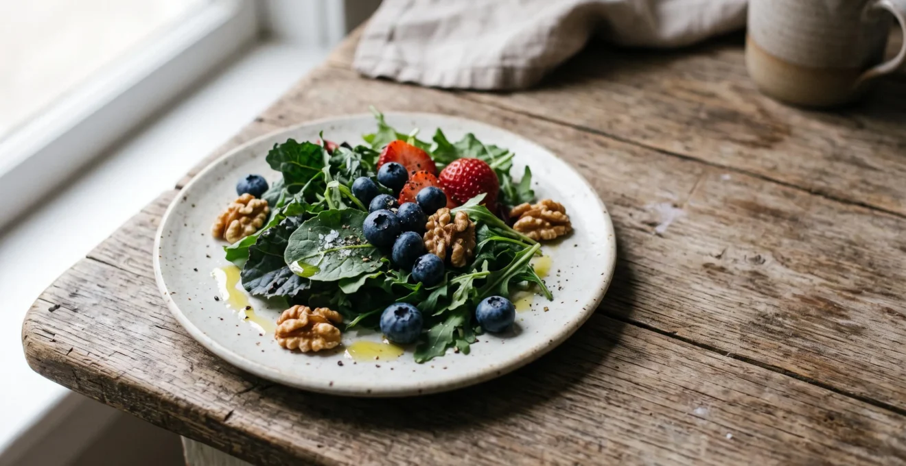 Petite assiette soigneusement composée d'aliments denses en nutriments comme des légumes verts, des baies et des oléagineux, symbolisant manger moins mais mieux