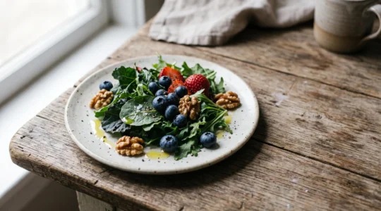 Petite assiette soigneusement composée d'aliments denses en nutriments comme des légumes verts, des baies et des oléagineux, symbolisant manger moins mais mieux