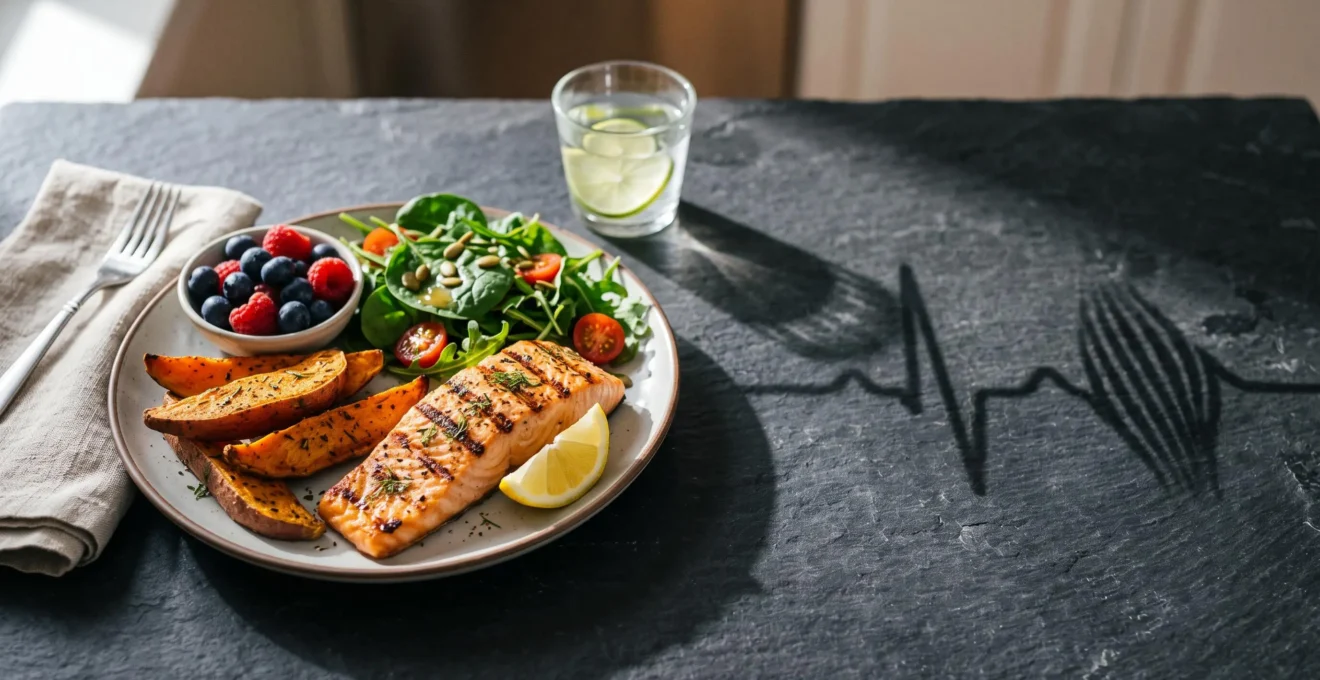 Assiette de récupération musculaire composée d'aliments anti-inflammatoires et de protéines pour réduire les courbatures