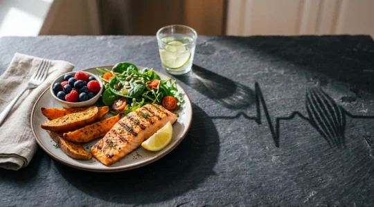 Assiette de récupération musculaire composée d'aliments anti-inflammatoires et de protéines pour réduire les courbatures