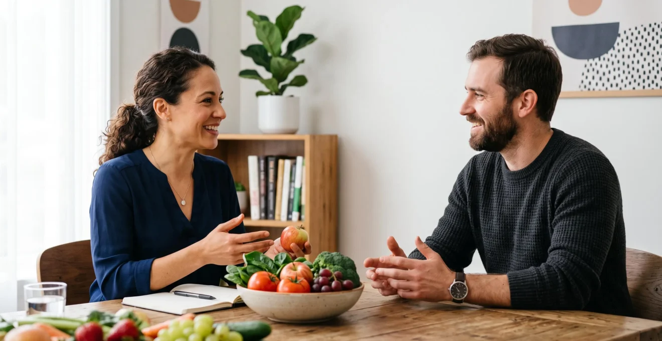 Patient échangeant avec un diététicien lors d'une consultation nutritionnelle dans un cabinet lumineux