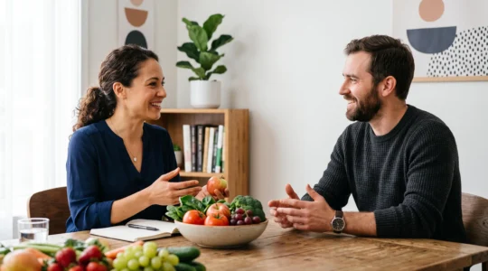 Patient échangeant avec un diététicien lors d'une consultation nutritionnelle dans un cabinet lumineux