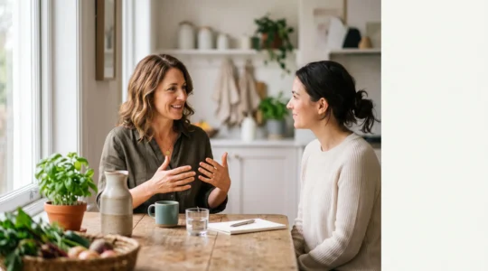 Coach nutrition et client analysant ensemble un carnet de suivi alimentaire lors d'une séance quotidienne, symbolisant la transformation de la théorie en automatismes