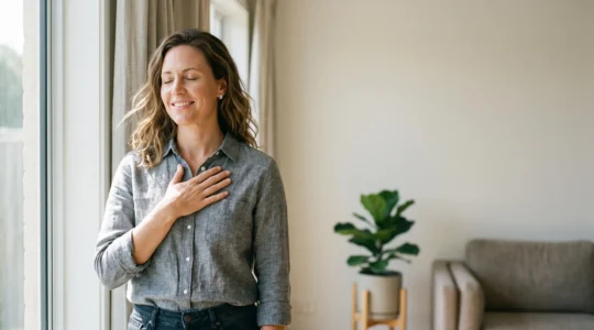 Femme souriante et sereine dans une lumière naturelle douce, incarnant la confiance corporelle au-dela du chiffre sur la balance