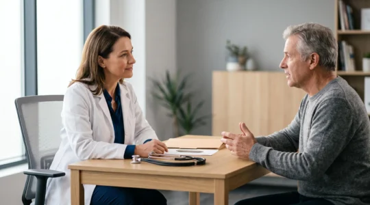 Un médecin nutritionniste en consultation avec un patient, symbolisant le passage du conseil alimentaire à l'expertise médicale