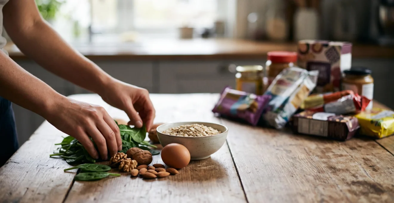 Des mains triant des aliments frais et bruts sur une table en bois, symbolisant la clarté retrouvée face aux conseils nutritionnels contradictoires