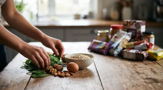 Des mains triant des aliments frais et bruts sur une table en bois, symbolisant la clarté retrouvée face aux conseils nutritionnels contradictoires