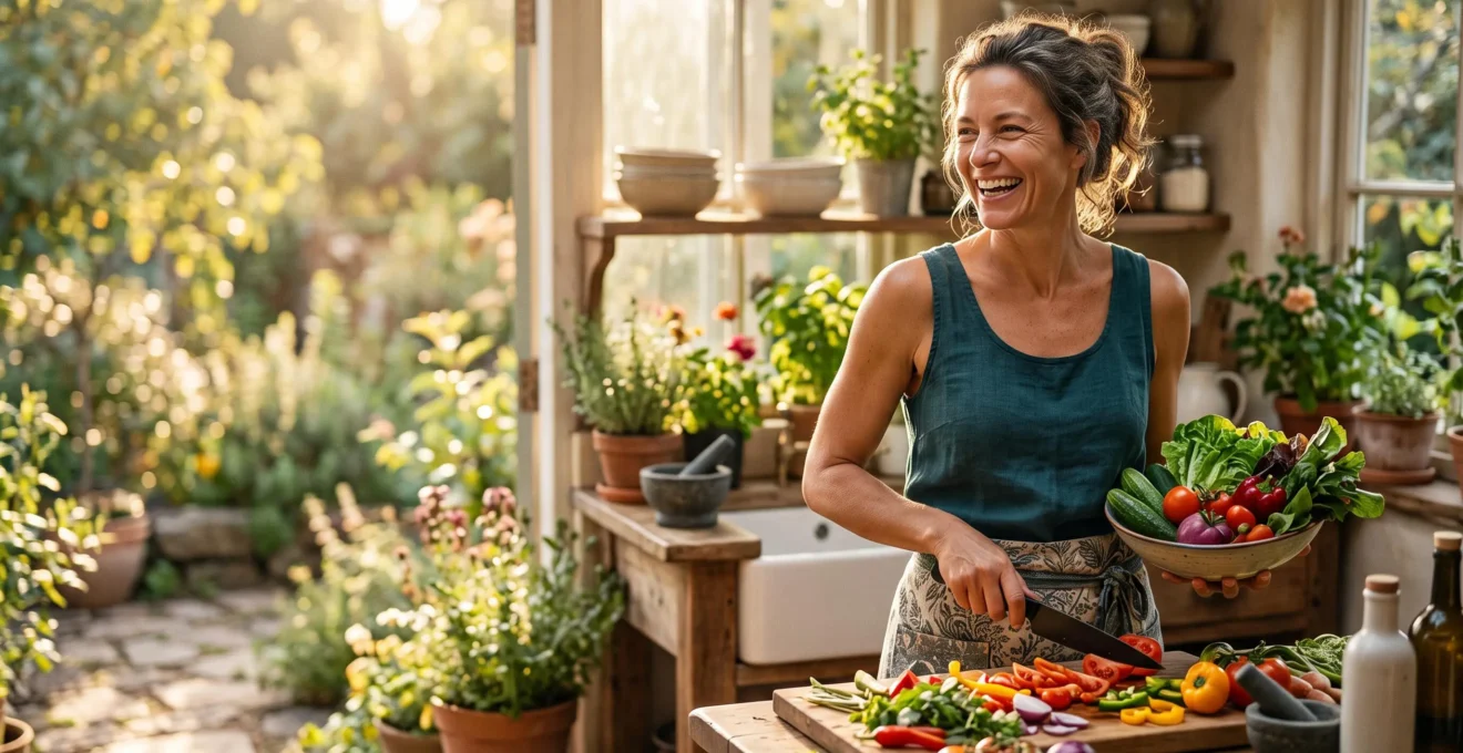Personne de plus de 40 ans pleine d'énergie dans une cuisine baignée de lumière naturelle, entourée d'aliments frais et colorés