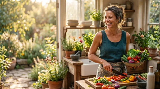 Personne de plus de 40 ans pleine d'énergie dans une cuisine baignée de lumière naturelle, entourée d'aliments frais et colorés