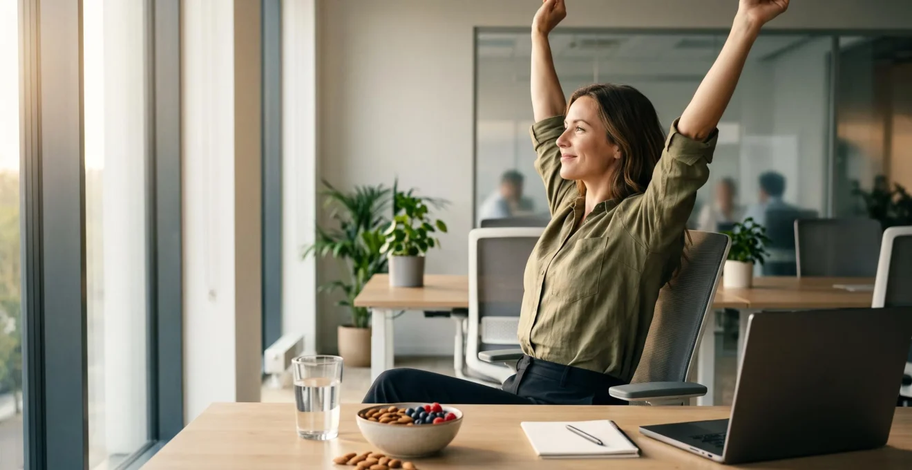Silhouette d'une personne active et sereine au bureau, symbolisant une énergie stable tout au long de la journée sans dépendance au café