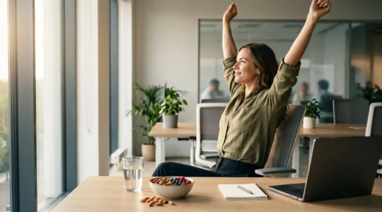 Silhouette d'une personne active et sereine au bureau, symbolisant une énergie stable tout au long de la journée sans dépendance au café