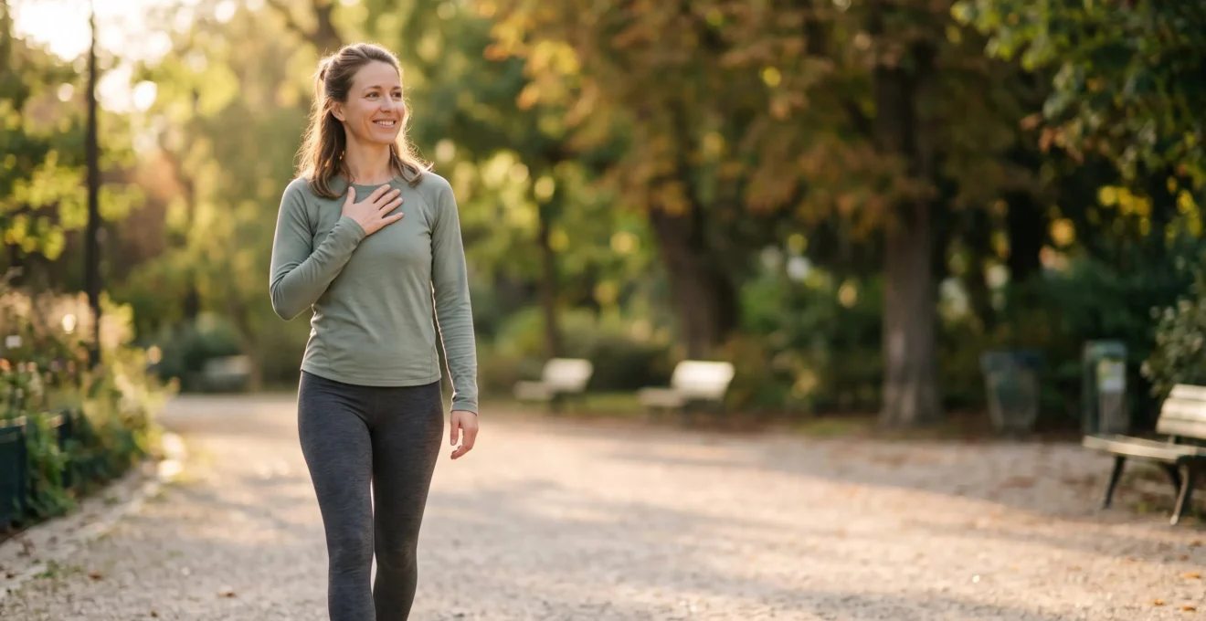 Une femme sereine en extérieur incarnant l'équilibre entre bien-être mental et démarche minceur