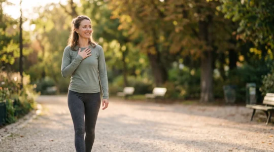 Une femme sereine en extérieur incarnant l'équilibre entre bien-être mental et démarche minceur