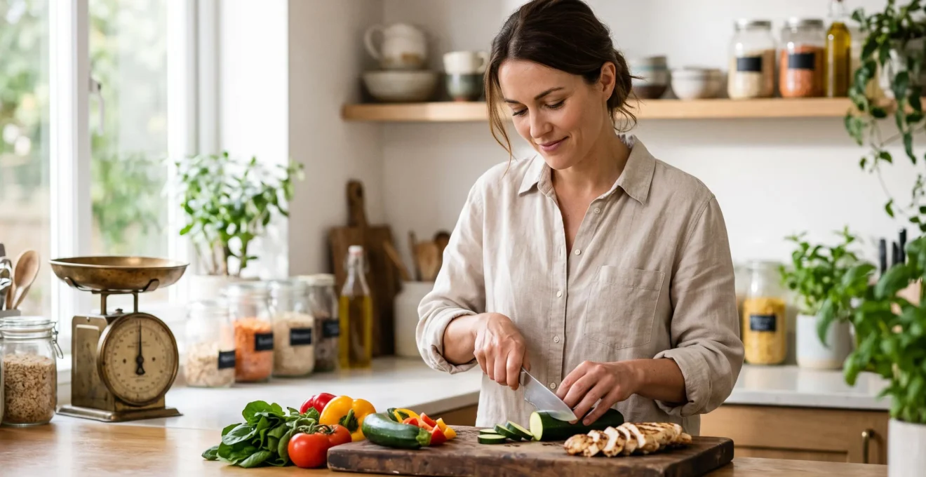 Une personne prepare un repas equilibre dans une cuisine lumineuse, symbolisant un deficit calorique maitrise sans ralentir le metabolisme