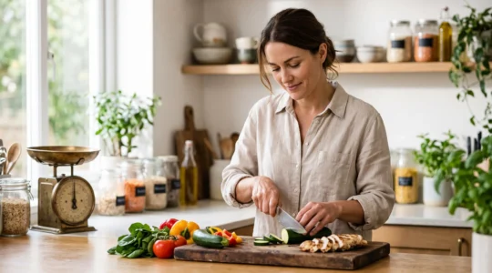 Une personne prepare un repas equilibre dans une cuisine lumineuse, symbolisant un deficit calorique maitrise sans ralentir le metabolisme