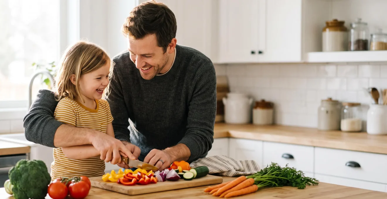 Parent et enfant préparant ensemble un repas équilibré et coloré dans une cuisine familiale lumineuse