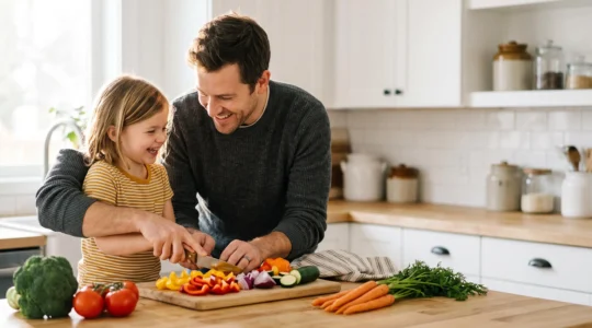 Parent et enfant préparant ensemble un repas équilibré et coloré dans une cuisine familiale lumineuse