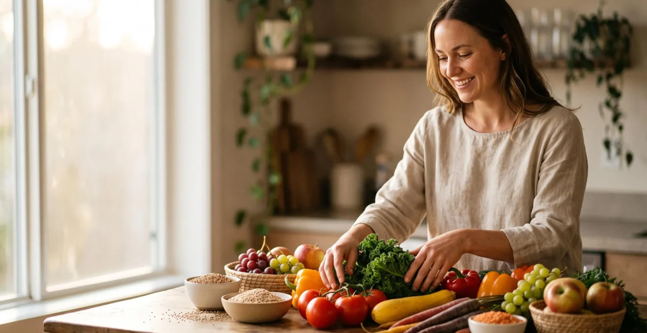 Une personne souriante prépare un repas coloré et varié dans une cuisine lumineuse, symbolisant la liberté alimentaire sans liste d'interdits