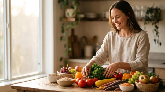 Une personne souriante prépare un repas coloré et varié dans une cuisine lumineuse, symbolisant la liberté alimentaire sans liste d'interdits