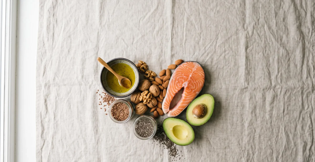 Composition élégante d'aliments riches en bonnes graisses évoquant l'équilibre entre santé cardiaque et cérébrale