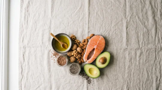 Composition élégante d'aliments riches en bonnes graisses évoquant l'équilibre entre santé cardiaque et cérébrale