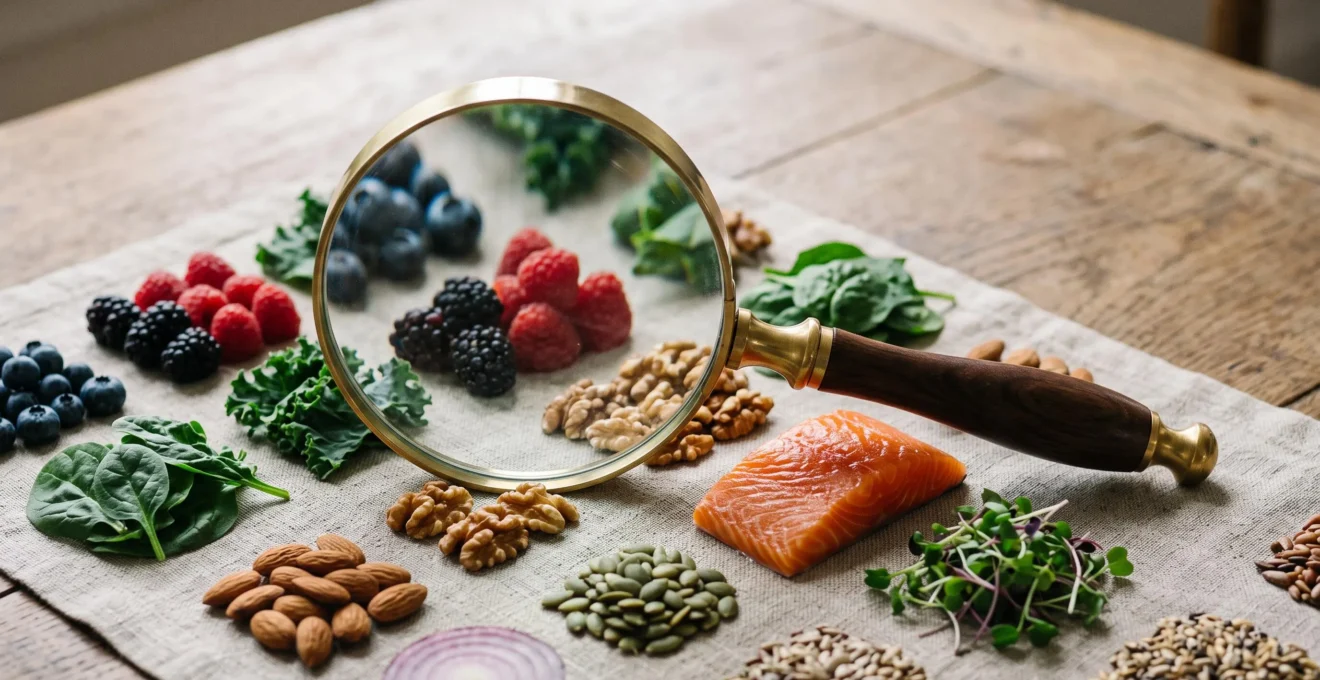 Une loupe posée sur un arrangement d'aliments sains organisés comme des données scientifiques, symbolisant l'analyse critique d'une étude nutritionnelle
