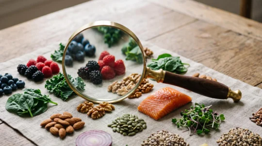 Une loupe posée sur un arrangement d'aliments sains organisés comme des données scientifiques, symbolisant l'analyse critique d'une étude nutritionnelle