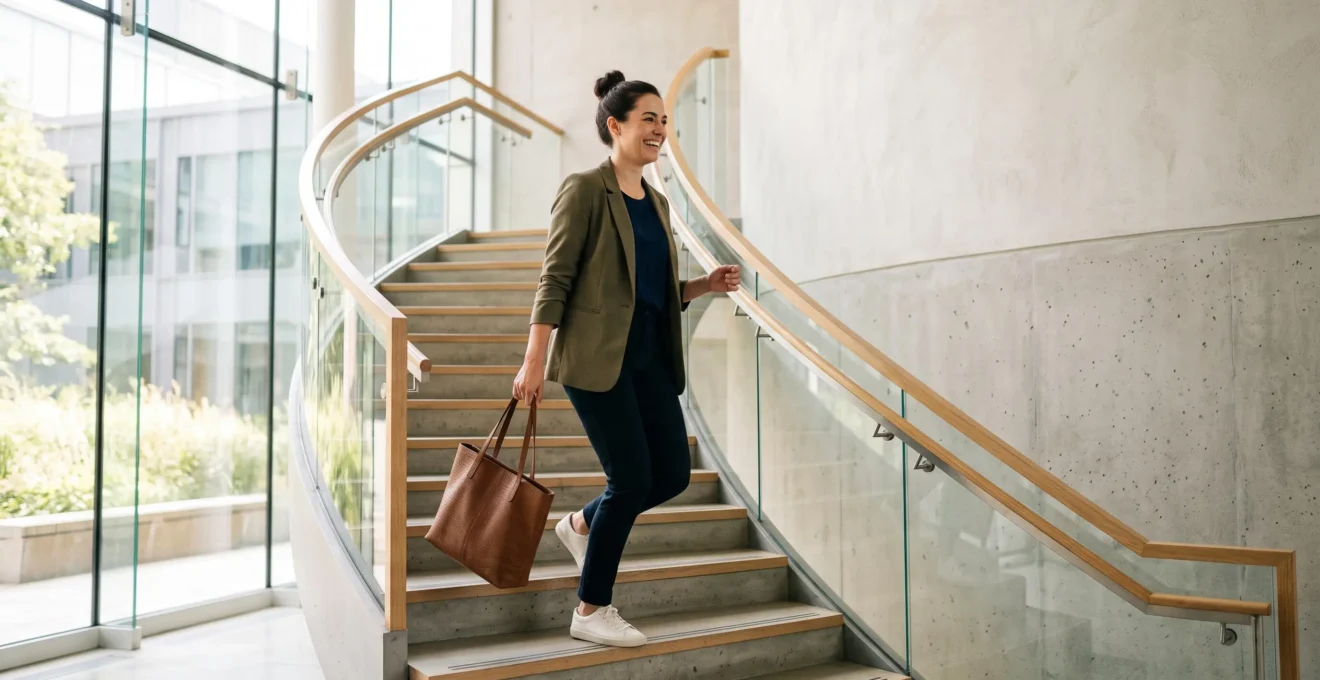 Personne active montant un escalier lumineux dans un cadre urbain, symbolisant un mode de vie actif au quotidien
