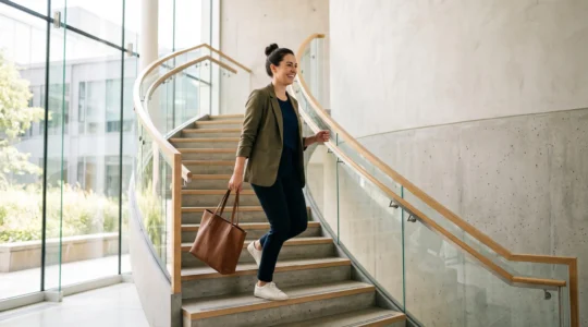 Personne active montant un escalier lumineux dans un cadre urbain, symbolisant un mode de vie actif au quotidien