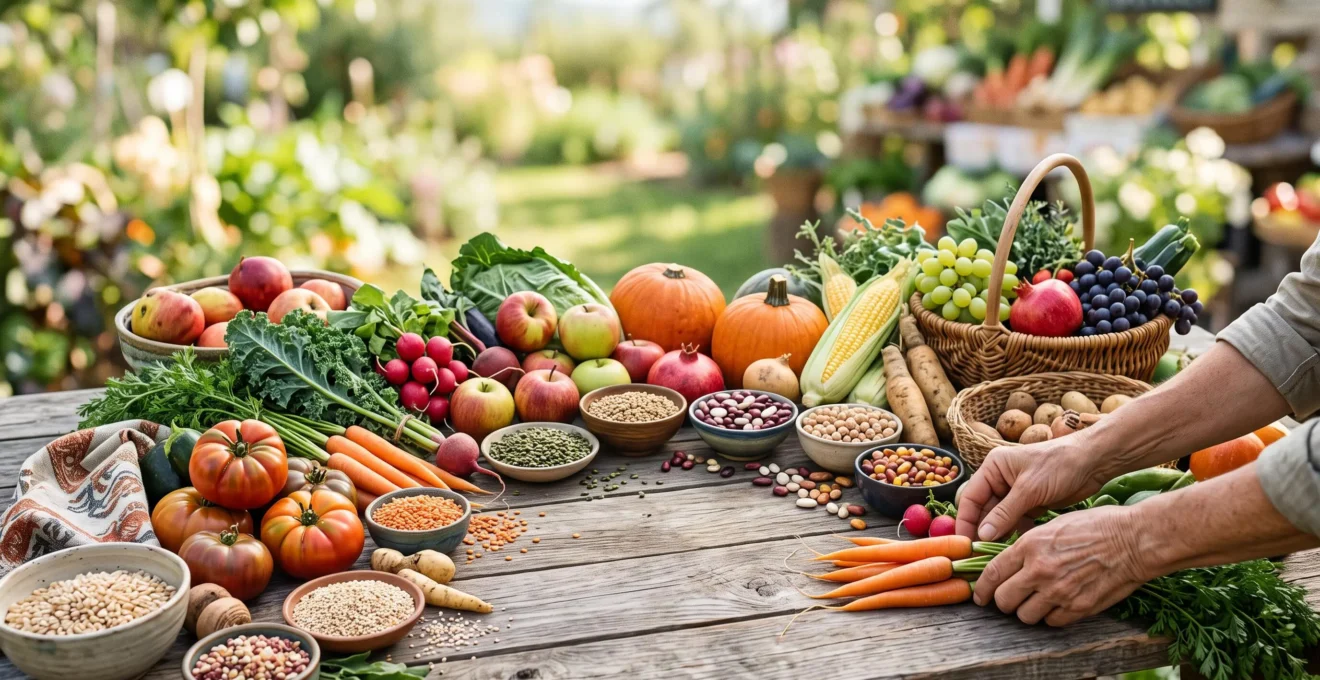 Table en bois dressée en extérieur avec des légumes et fruits colorés de saison, symbolisant une alimentation saine et respectueuse de la planète