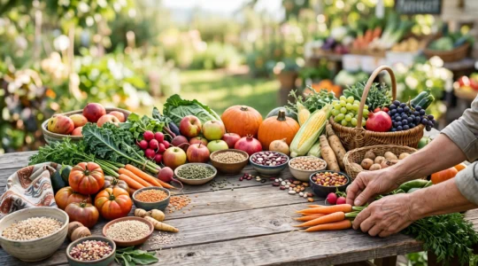 Table en bois dressée en extérieur avec des légumes et fruits colorés de saison, symbolisant une alimentation saine et respectueuse de la planète