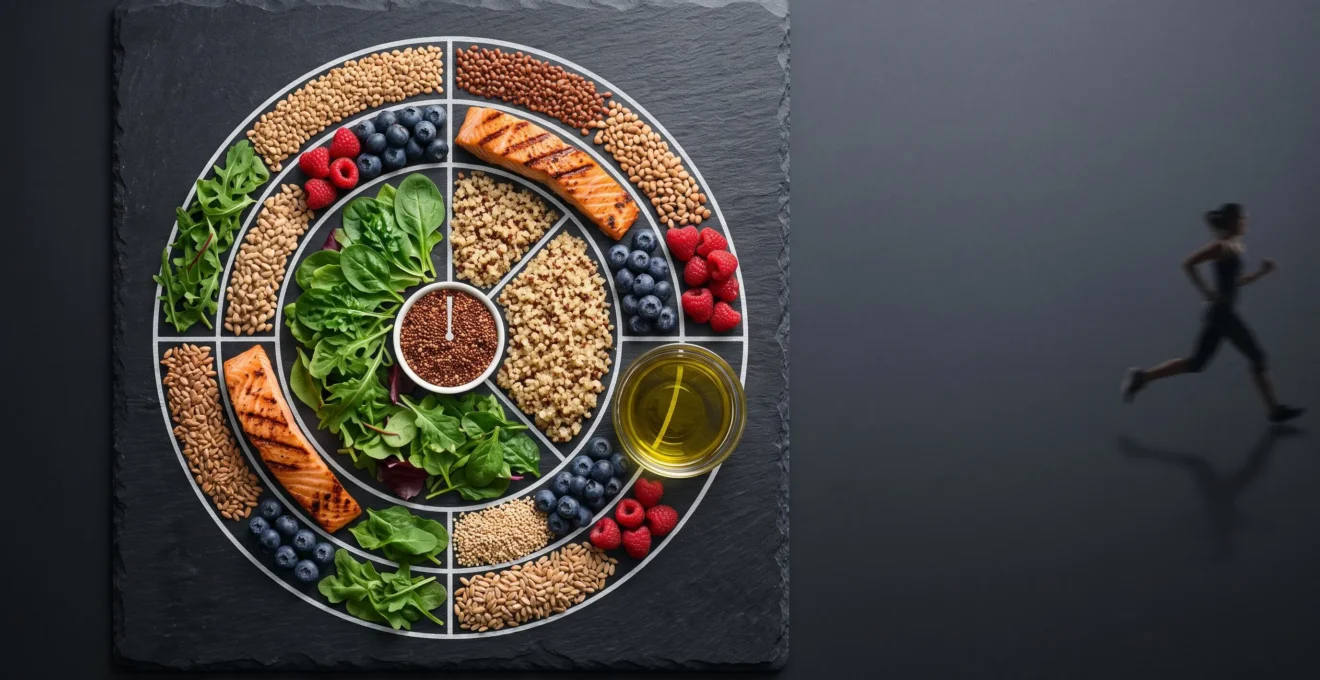 Composition symbolique d'aliments sains organisés en cercle évoquant la performance et le chronométrage sportif