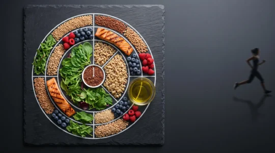 Composition symbolique d'aliments sains organisés en cercle évoquant la performance et le chronométrage sportif