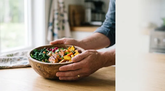 Assiette composée d'aliments anti-inflammatoires colorés symbolisant la réduction des symptômes chroniques par la nutrition thérapeutique