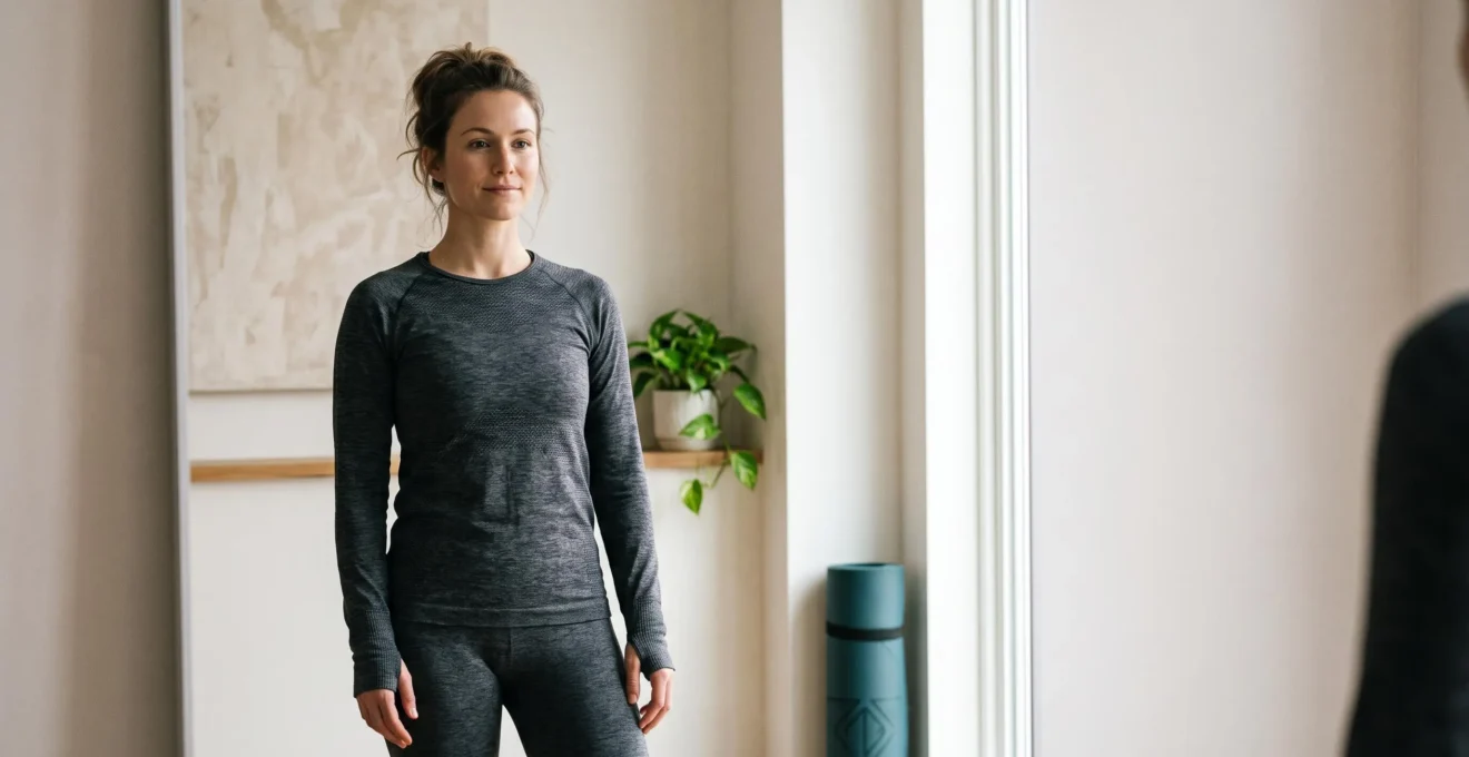 Une personne se regardant avec sérénité dans un miroir, incarnant un objectif de silhouette réaliste et bienveillant