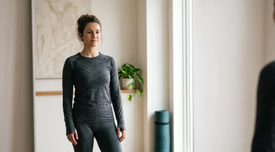 Une personne se regardant avec sérénité dans un miroir, incarnant un objectif de silhouette réaliste et bienveillant