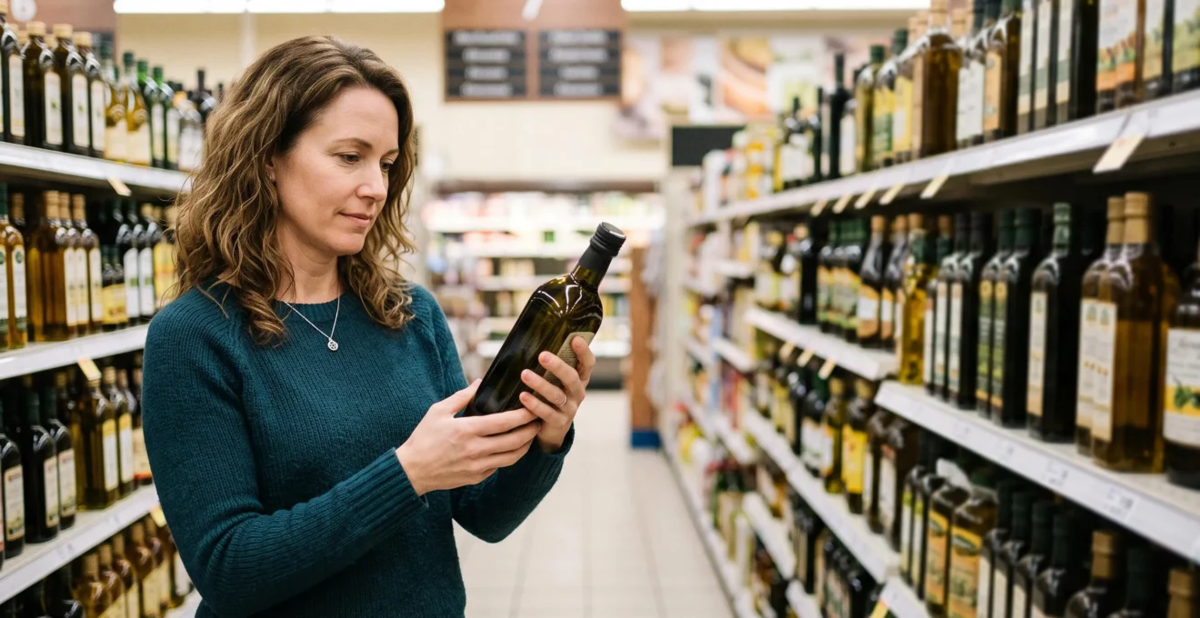 Une personne examine attentivement une bouteille d'huile dans le rayon d'un supermarché pour faire un choix nutritionnel éclairé
