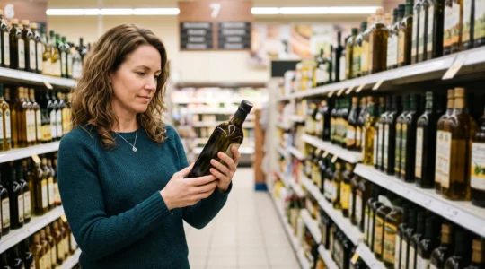 Une personne examine attentivement une bouteille d'huile dans le rayon d'un supermarché pour faire un choix nutritionnel éclairé