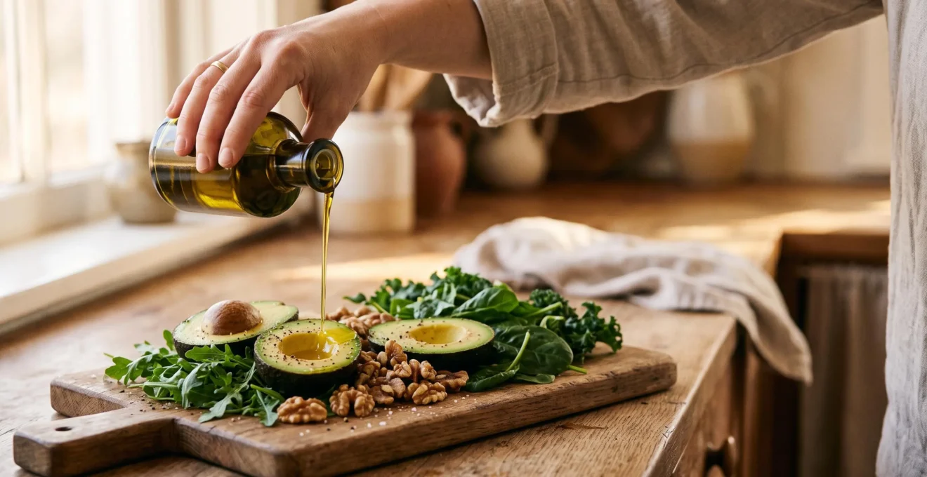 Une main verse délicatement de l'huile d'olive dorée sur des légumes frais et un avocat coupé, symbolisant la réconciliation avec les bonnes graisses