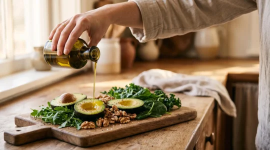 Une main verse délicatement de l'huile d'olive dorée sur des légumes frais et un avocat coupé, symbolisant la réconciliation avec les bonnes graisses